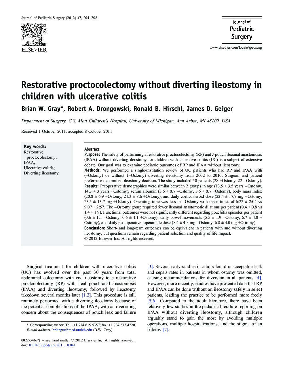 Restorative proctocolectomy without diverting ileostomy in children with ulcerative colitis