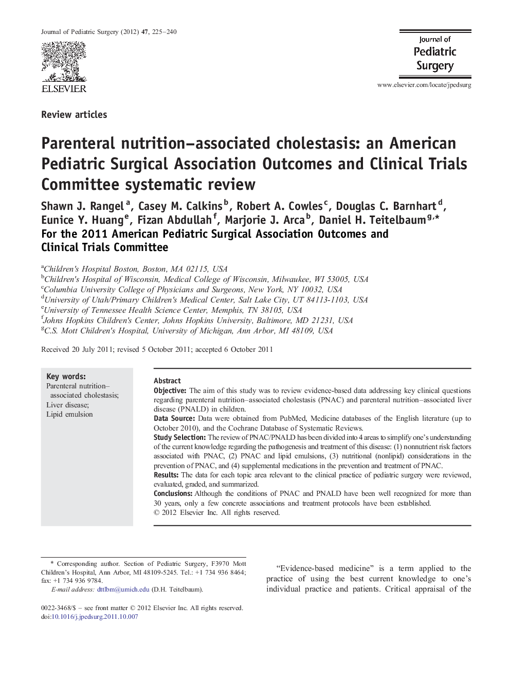 Parenteral nutrition–associated cholestasis: an American Pediatric Surgical Association Outcomes and Clinical Trials Committee systematic review