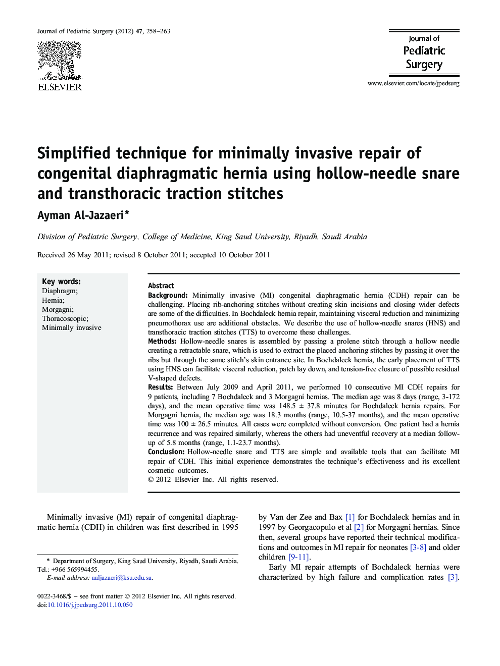 Simplified technique for minimally invasive repair of congenital diaphragmatic hernia using hollow-needle snare and transthoracic traction stitches