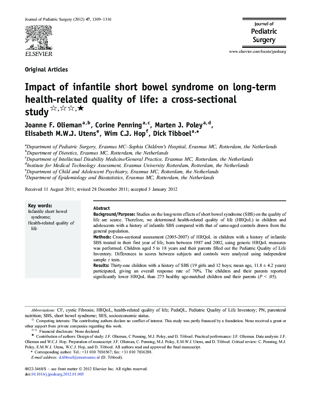 Impact of infantile short bowel syndrome on long-term health-related quality of life: a cross-sectional study ★