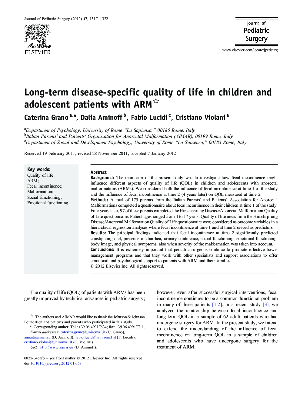 Long-term disease-specific quality of life in children and adolescent patients with ARM 