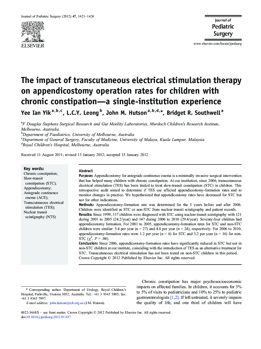 The impact of transcutaneous electrical stimulation therapy on appendicostomy operation rates for children with chronic constipation—a single-institution experience