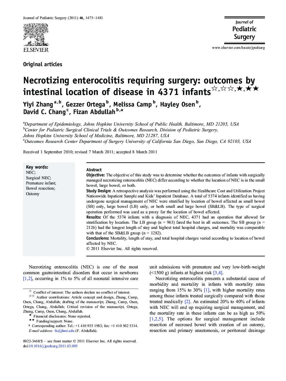 Necrotizing enterocolitis requiring surgery: outcomes by intestinal location of disease in 4371 infants ★★★