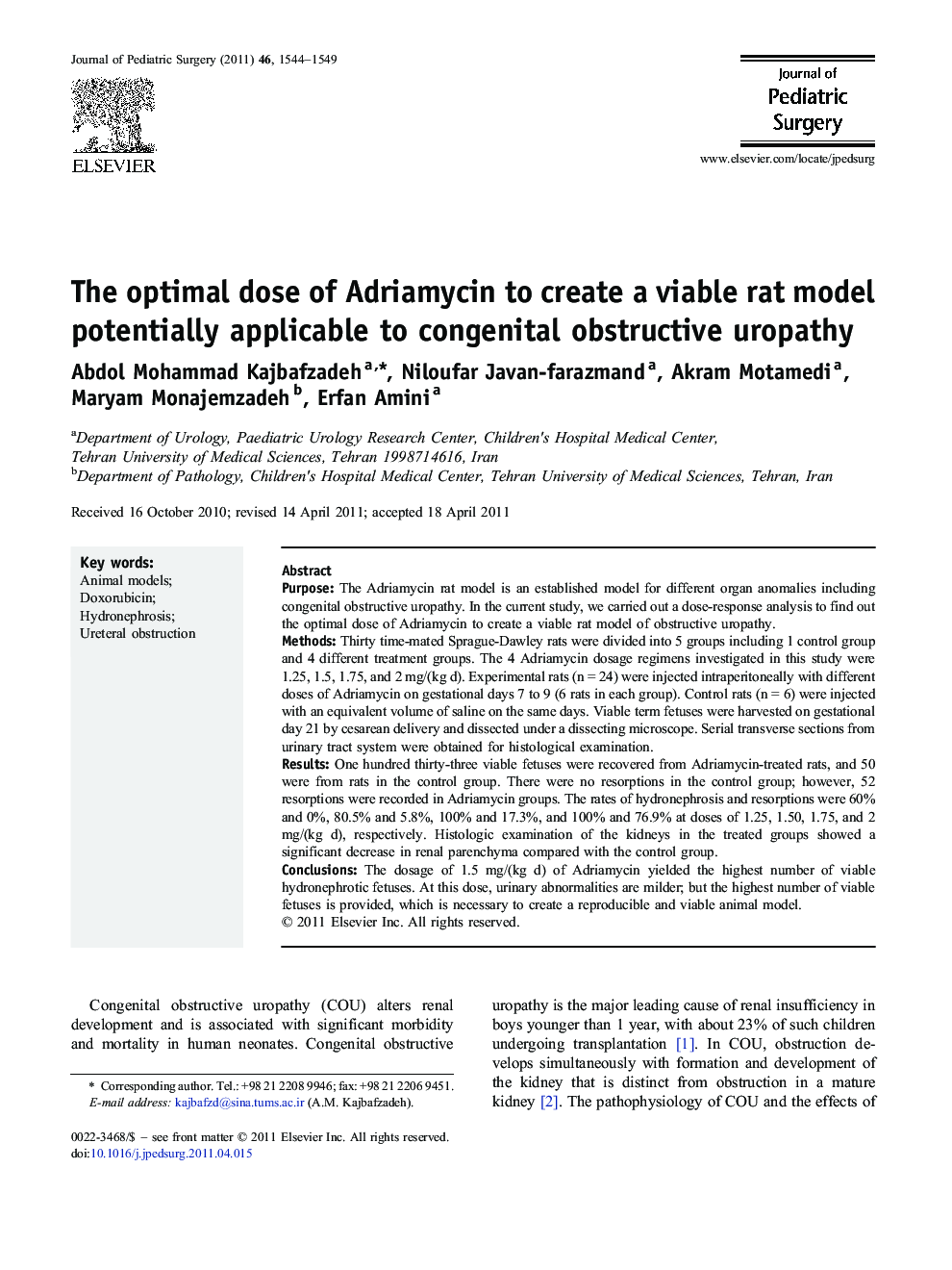 The optimal dose of Adriamycin to create a viable rat model potentially applicable to congenital obstructive uropathy