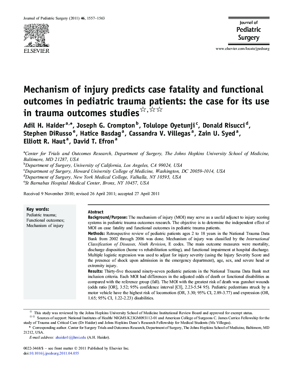 Mechanism of injury predicts case fatality and functional outcomes in pediatric trauma patients: the case for its use in trauma outcomes studies 