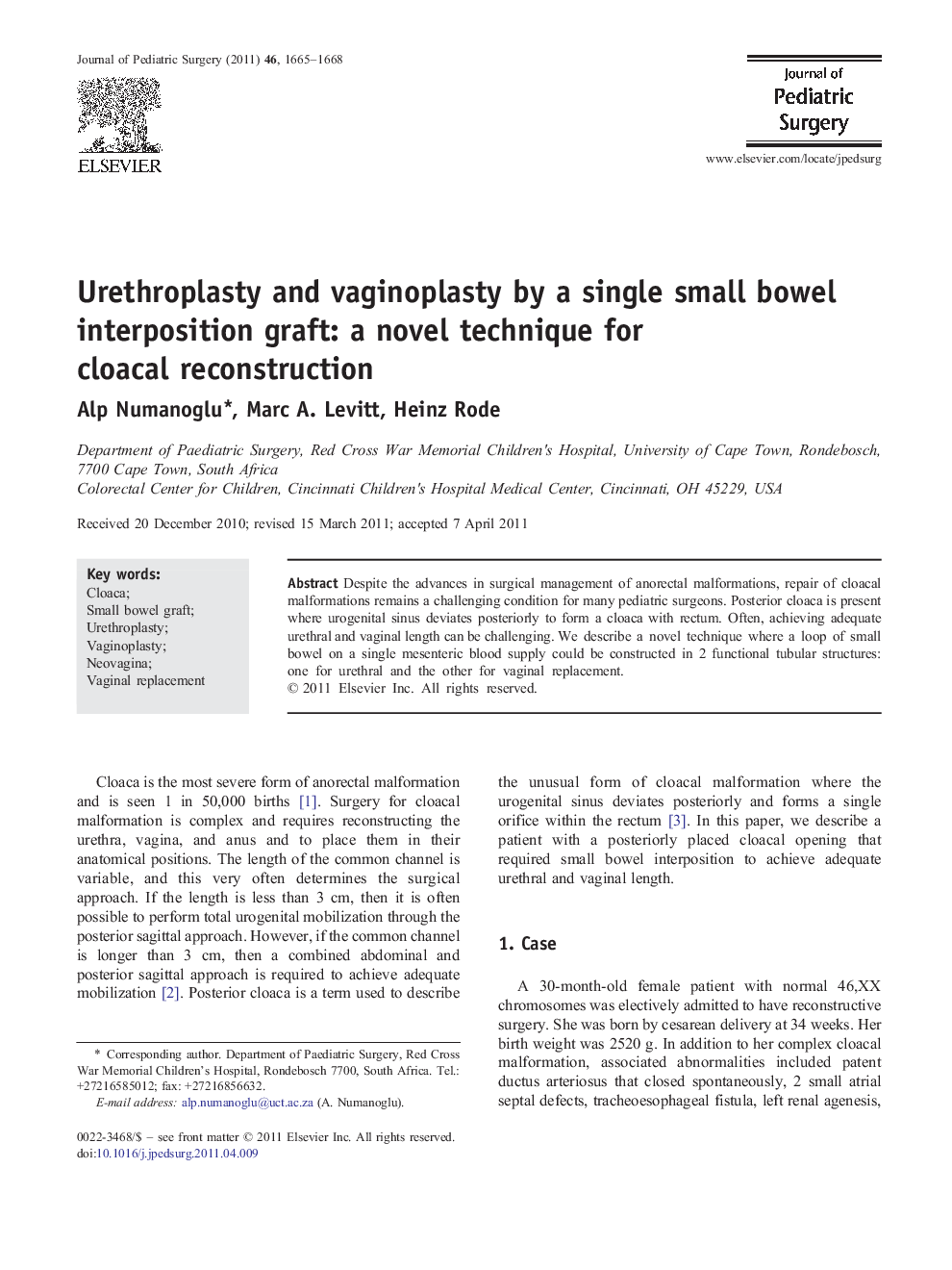 Urethroplasty and vaginoplasty by a single small bowel interposition graft: a novel technique for cloacal reconstruction