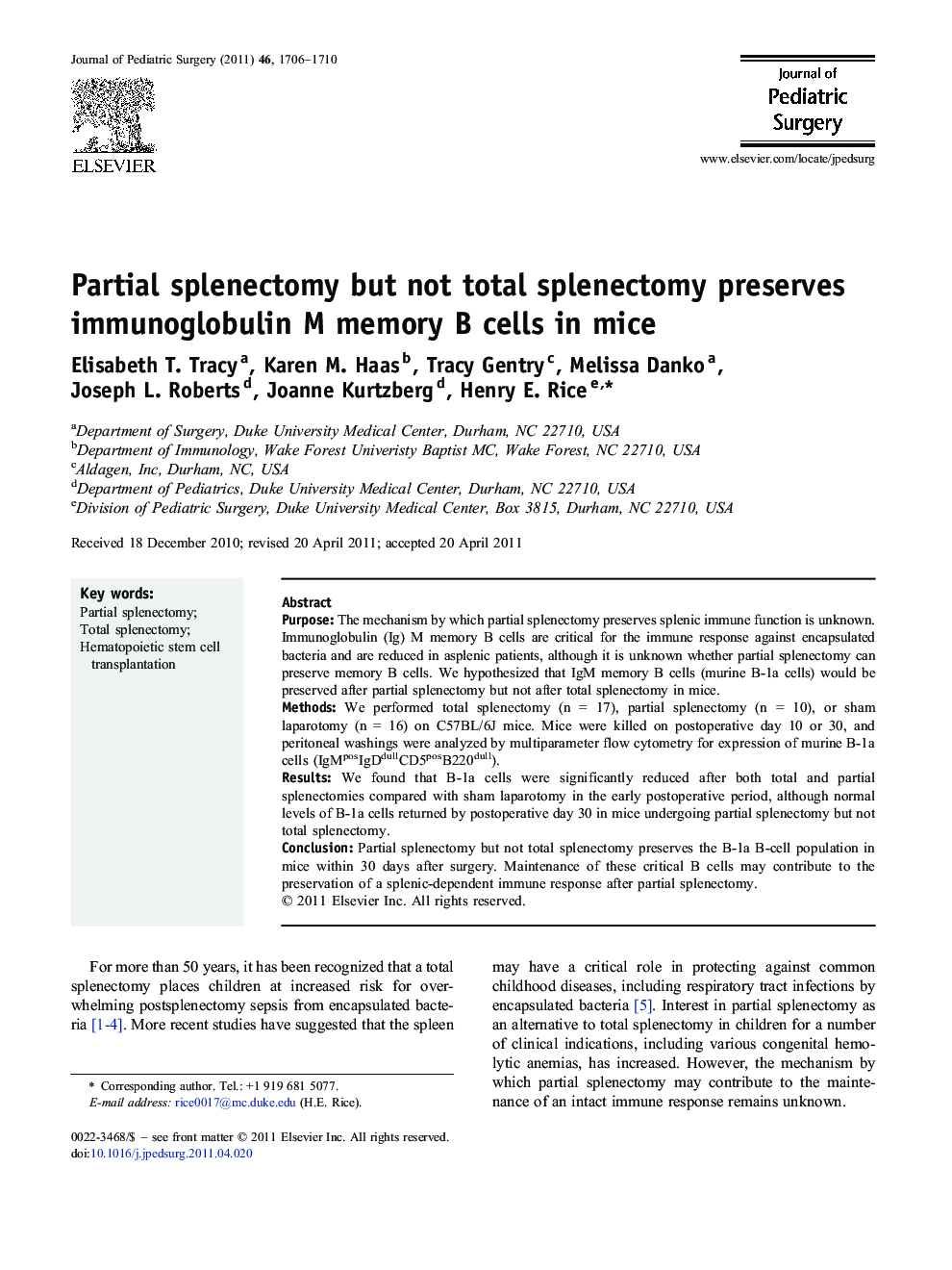 Partial splenectomy but not total splenectomy preserves immunoglobulin M memory B cells in mice