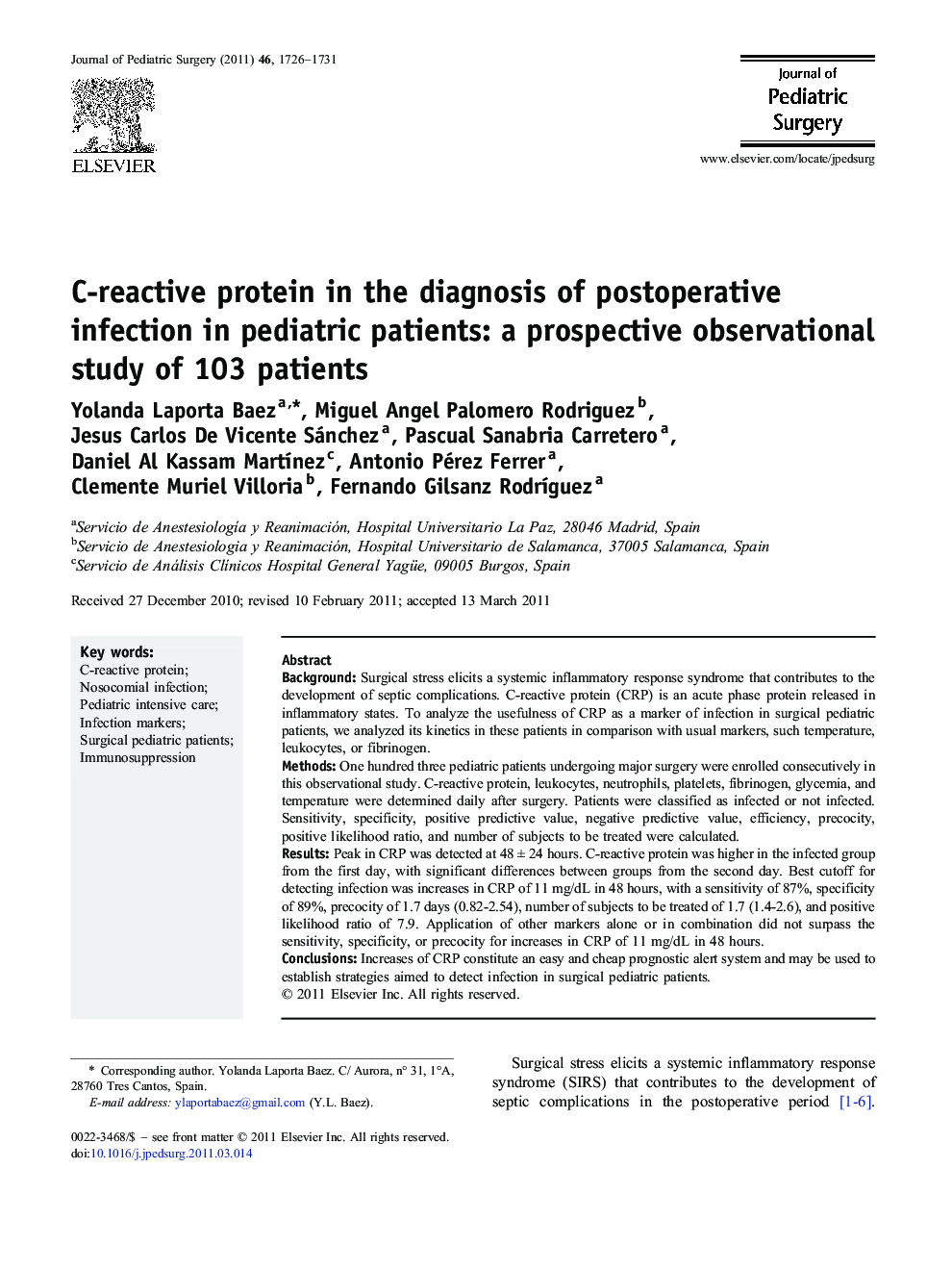 C-reactive protein in the diagnosis of postoperative infection in pediatric patients: a prospective observational study of 103 patients