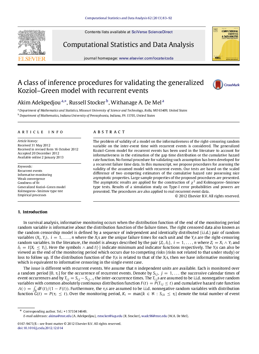 A class of inference procedures for validating the generalized Koziol–Green model with recurrent events