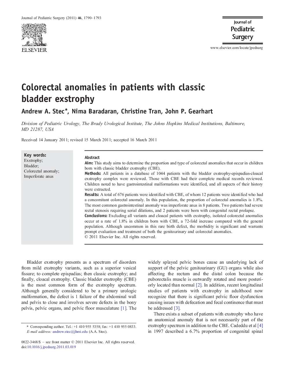 Colorectal anomalies in patients with classic bladder exstrophy