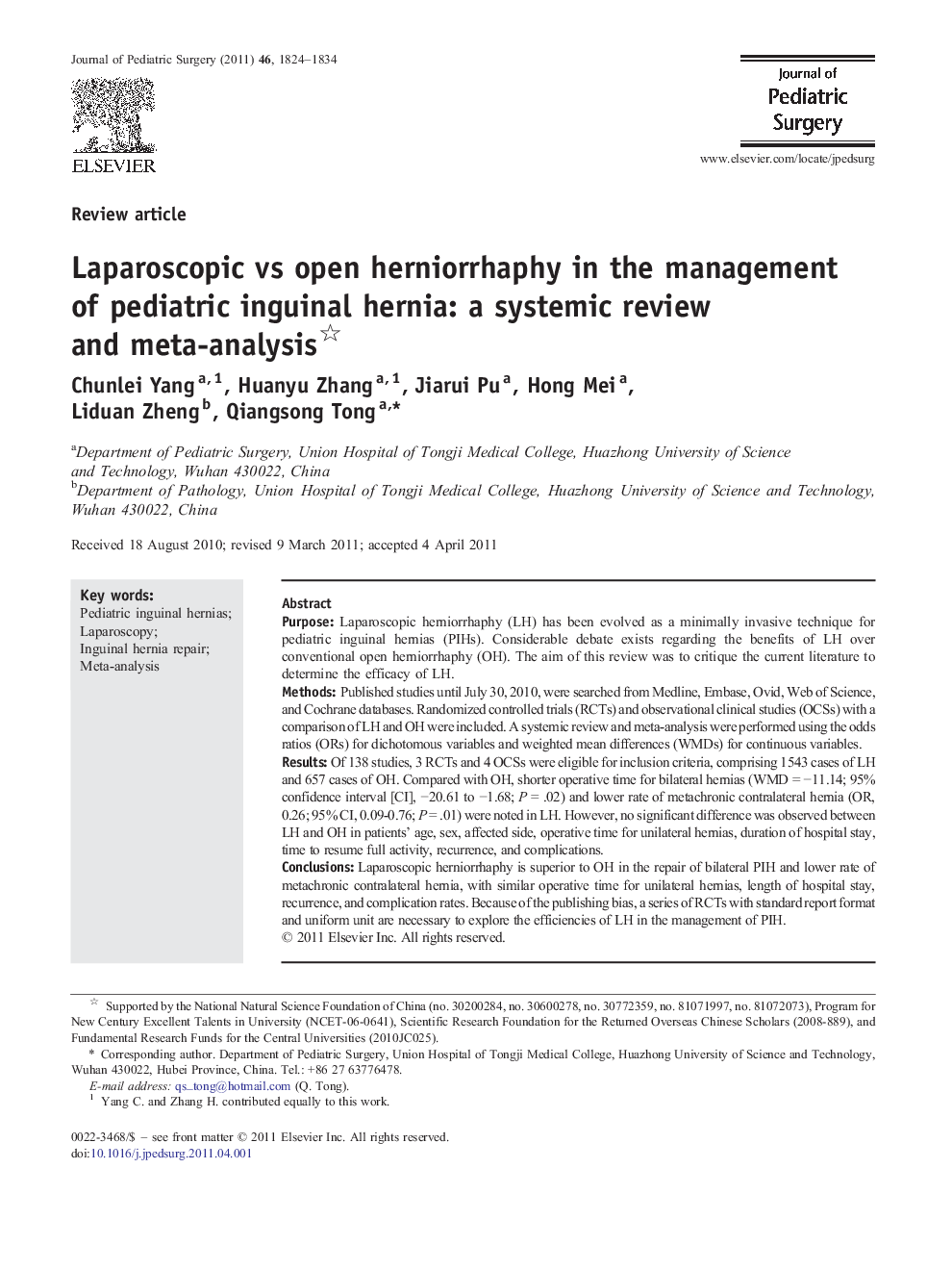 Laparoscopic vs open herniorrhaphy in the management of pediatric inguinal hernia: a systemic review and meta-analysis 