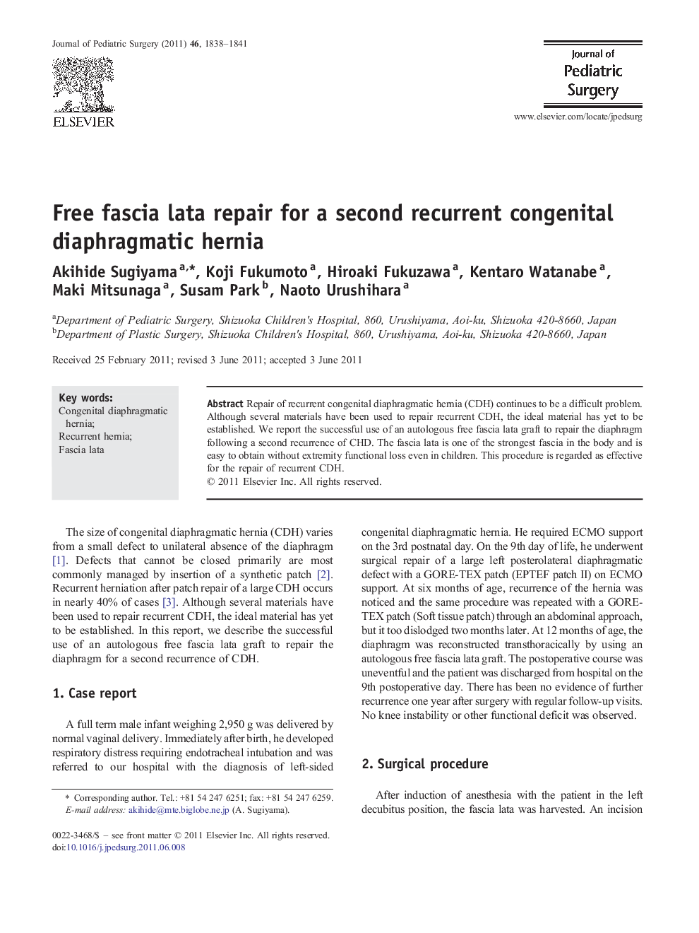 Free fascia lata repair for a second recurrent congenital diaphragmatic hernia