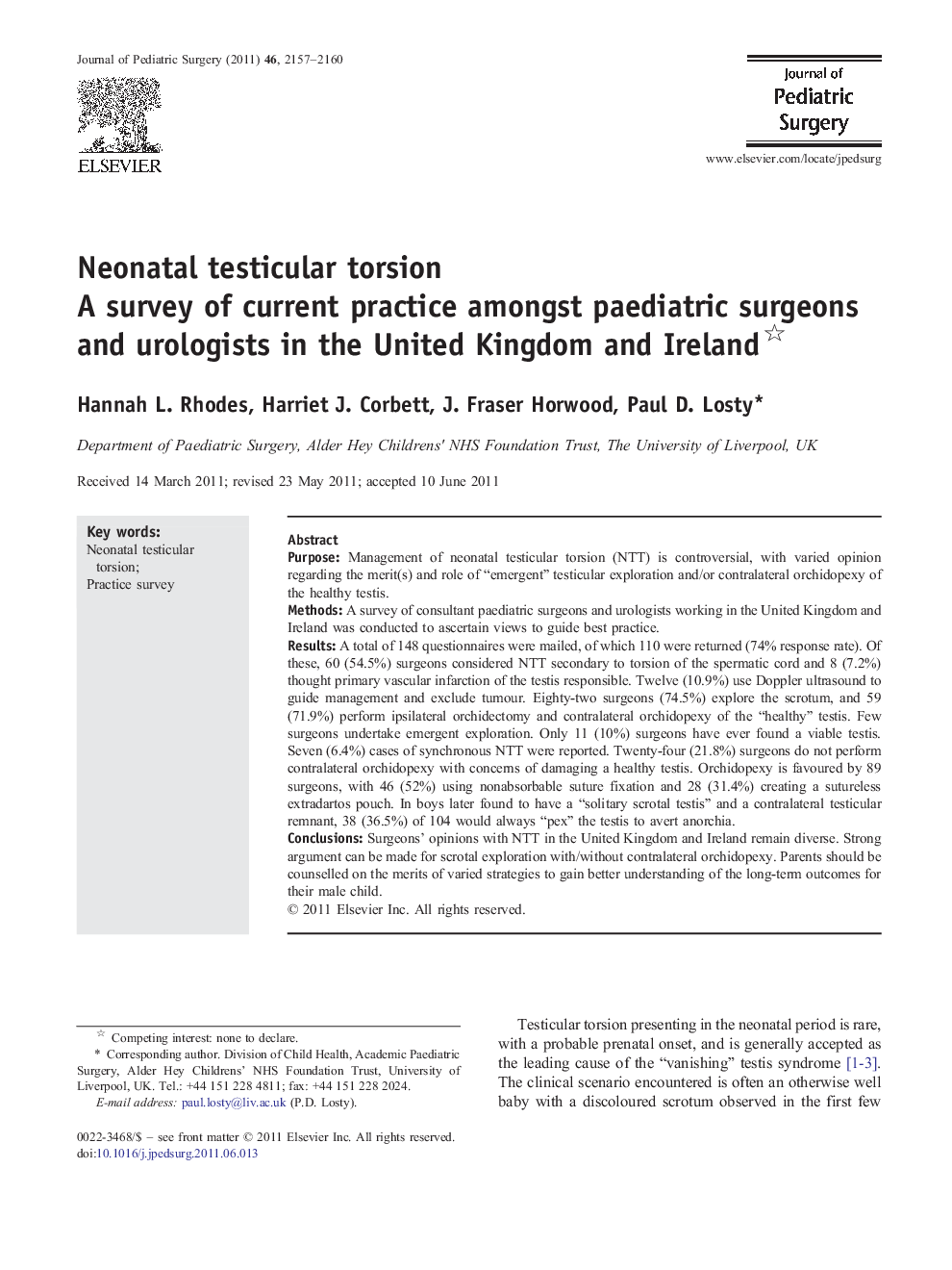 Neonatal testicular torsion : A survey of current practice amongst paediatric surgeons and urologists in the United Kingdom and Ireland