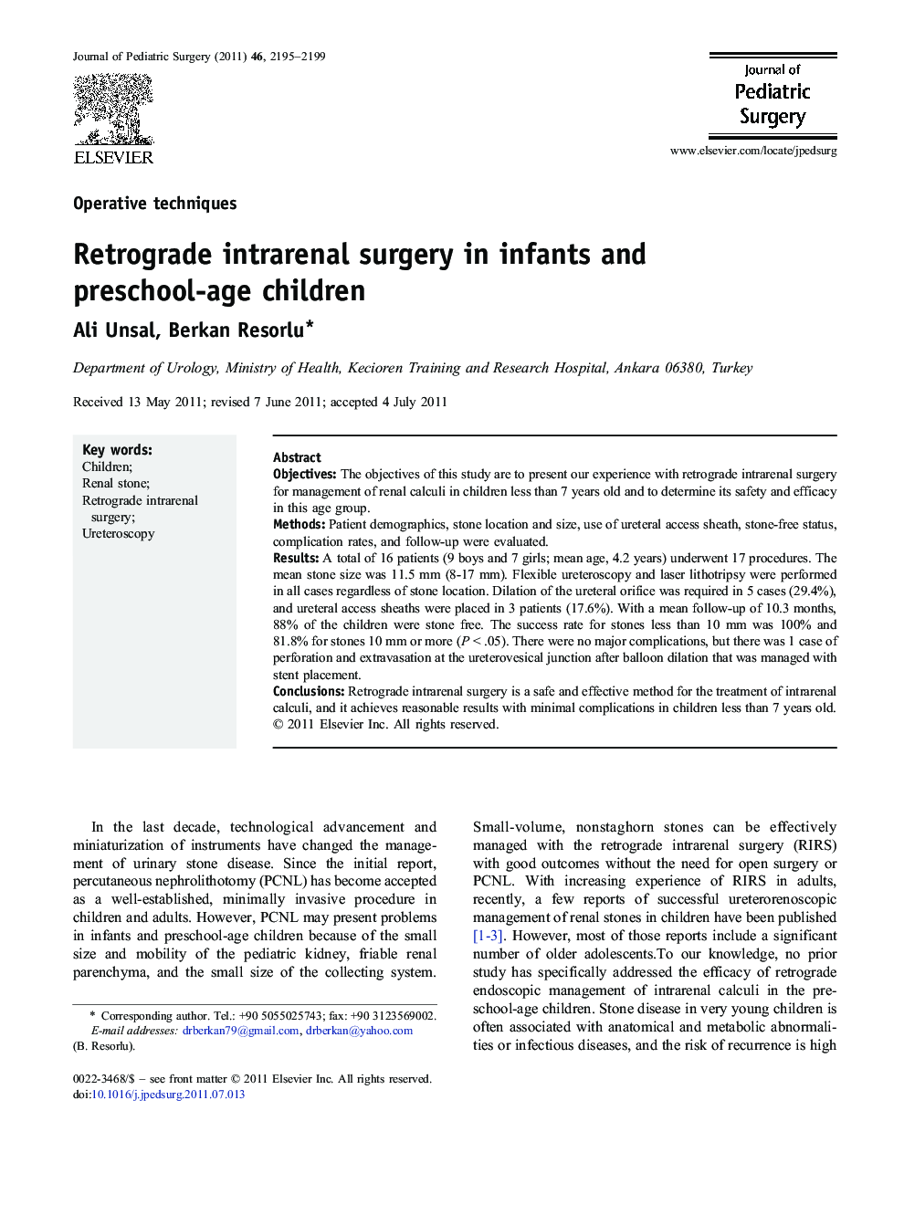 Retrograde intrarenal surgery in infants and preschool-age children