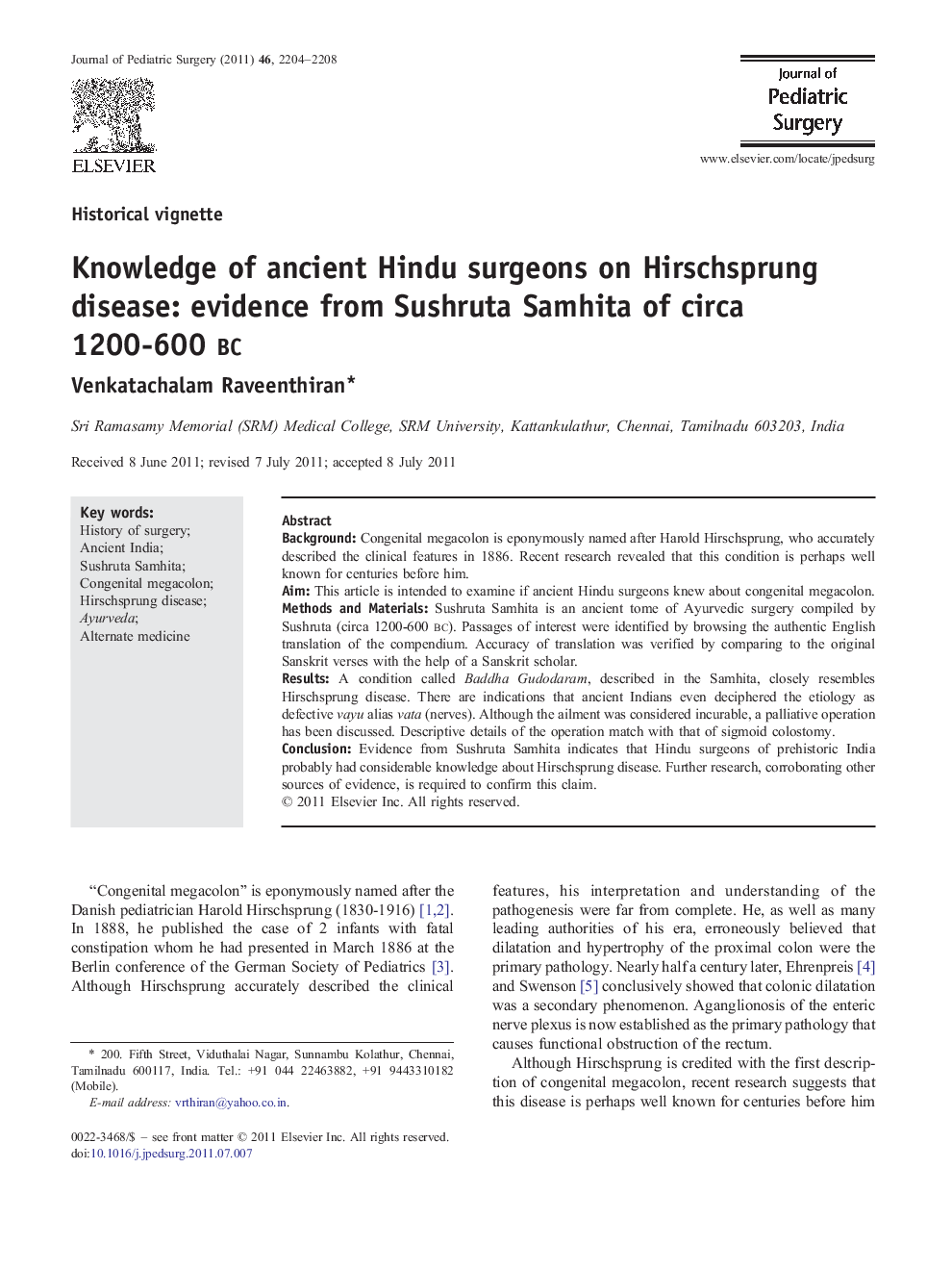 Knowledge of ancient Hindu surgeons on Hirschsprung disease: evidence from Sushruta Samhita of circa 1200-600 bc