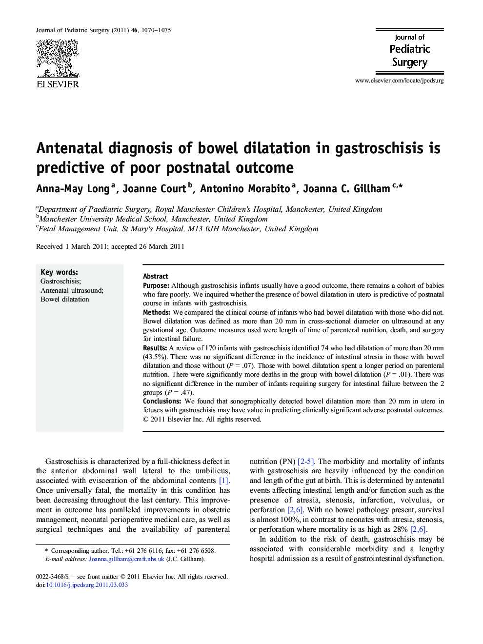 Antenatal diagnosis of bowel dilatation in gastroschisis is predictive of poor postnatal outcome