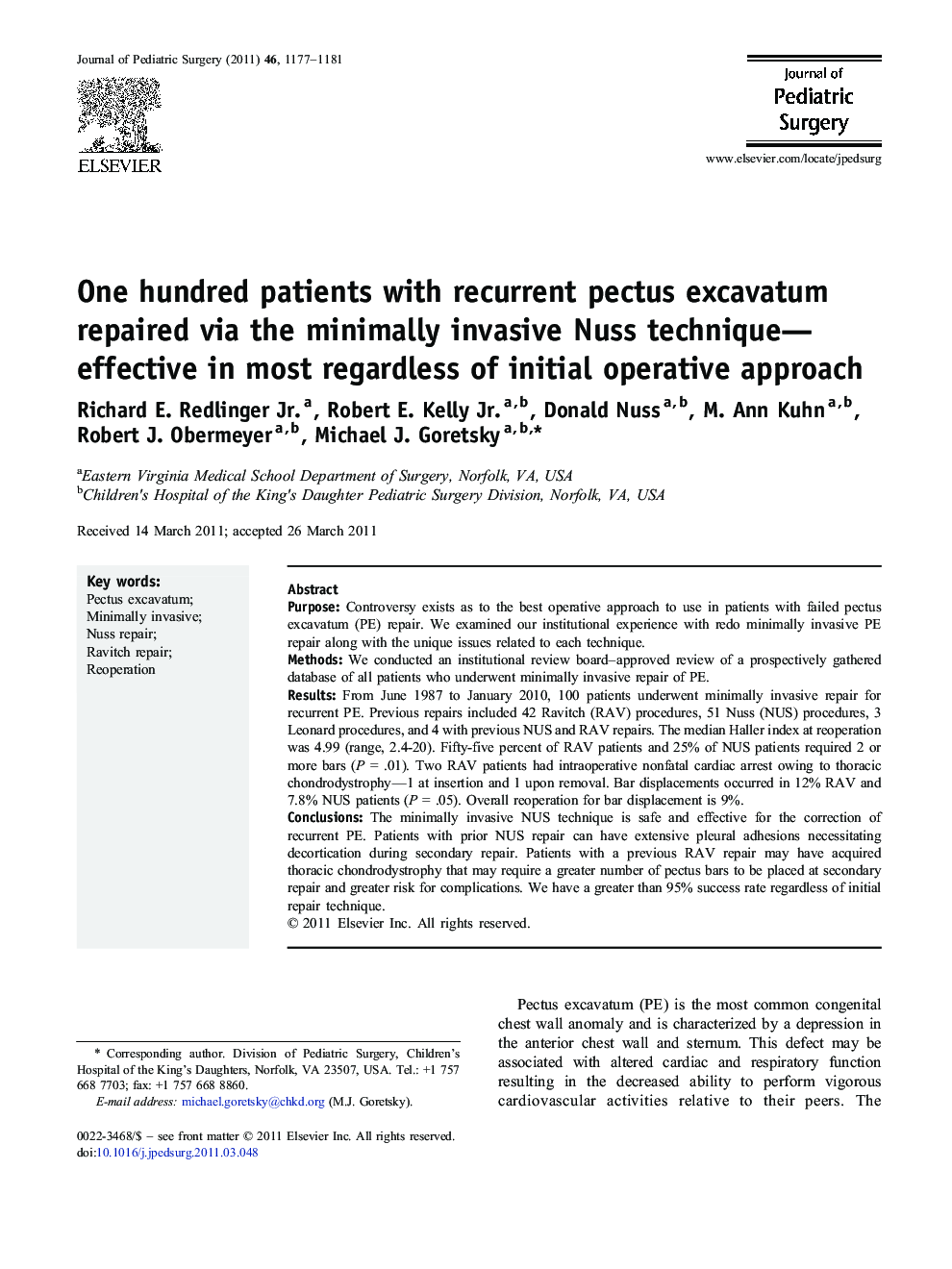 One hundred patients with recurrent pectus excavatum repaired via the minimally invasive Nuss technique—effective in most regardless of initial operative approach