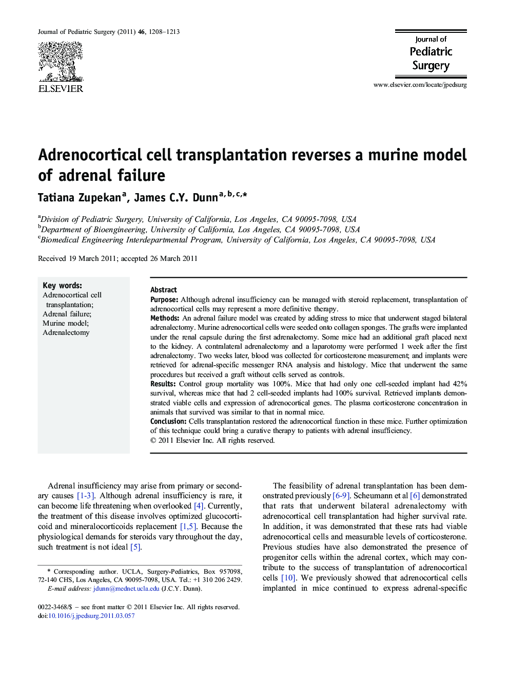 Adrenocortical cell transplantation reverses a murine model of adrenal failure