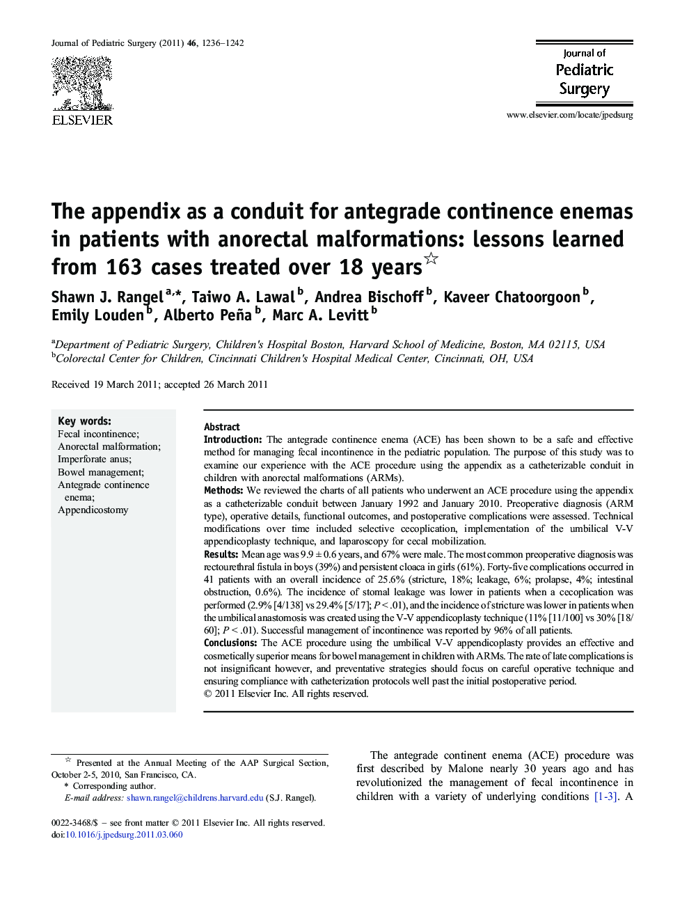 The appendix as a conduit for antegrade continence enemas in patients with anorectal malformations: lessons learned from 163 cases treated over 18 years 