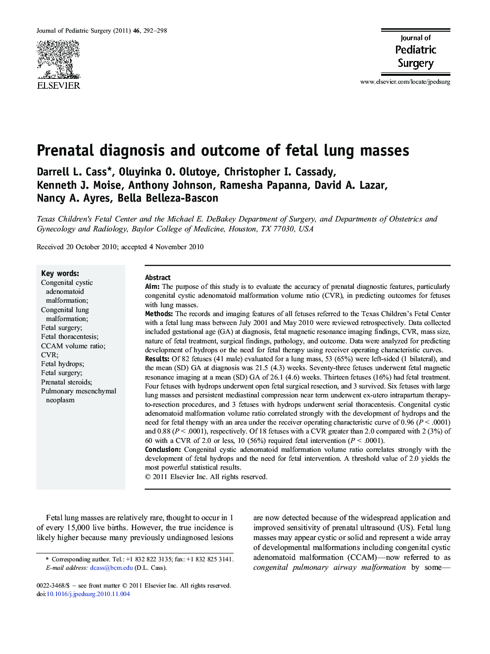 عکس صفحه اول مقاله: Prenatal diagnosis and outcome of fetal lung masses Prenatal diagnosis and outcome of fetal lung masses
