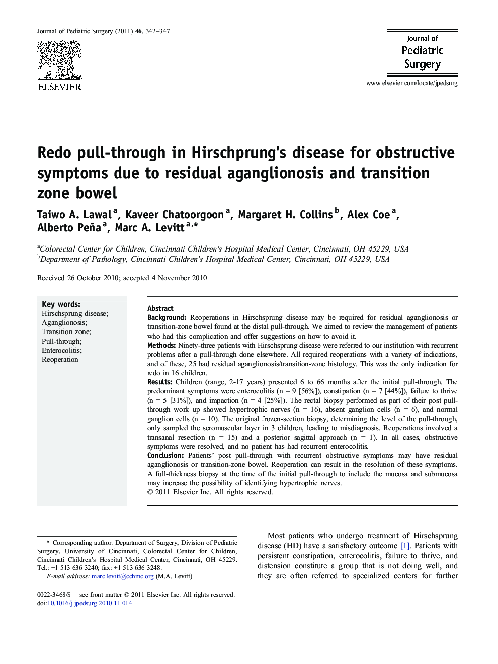 Redo pull-through in Hirschprung's disease for obstructive symptoms due to residual aganglionosis and transition zone bowel