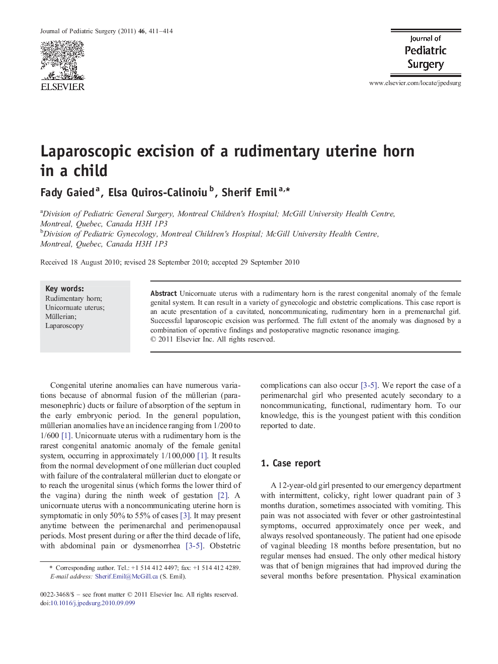 Laparoscopic excision of a rudimentary uterine horn in a child