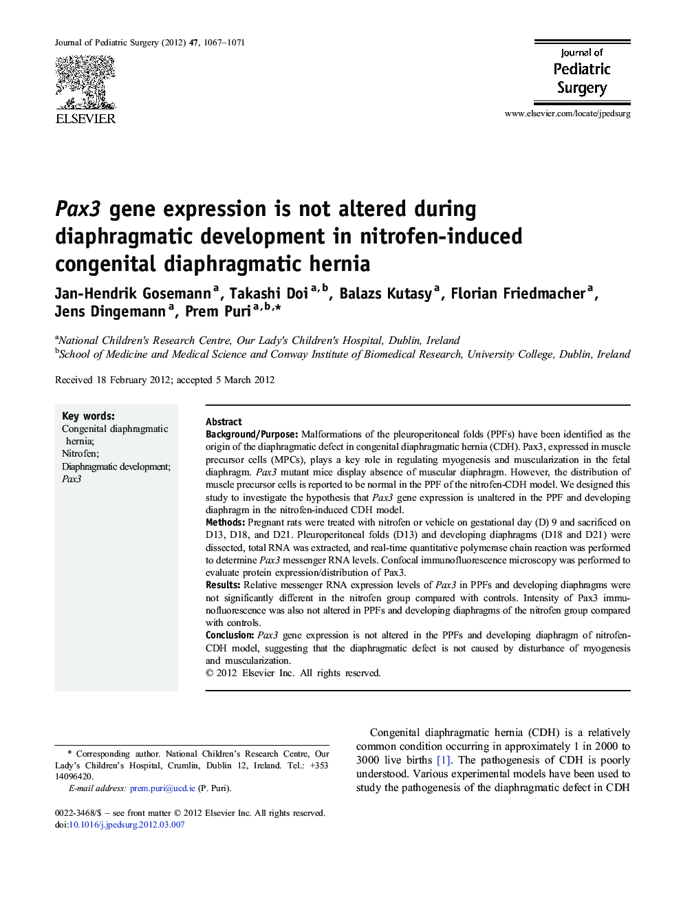 Pax3 gene expression is not altered during diaphragmatic development in nitrofen-induced congenital diaphragmatic hernia