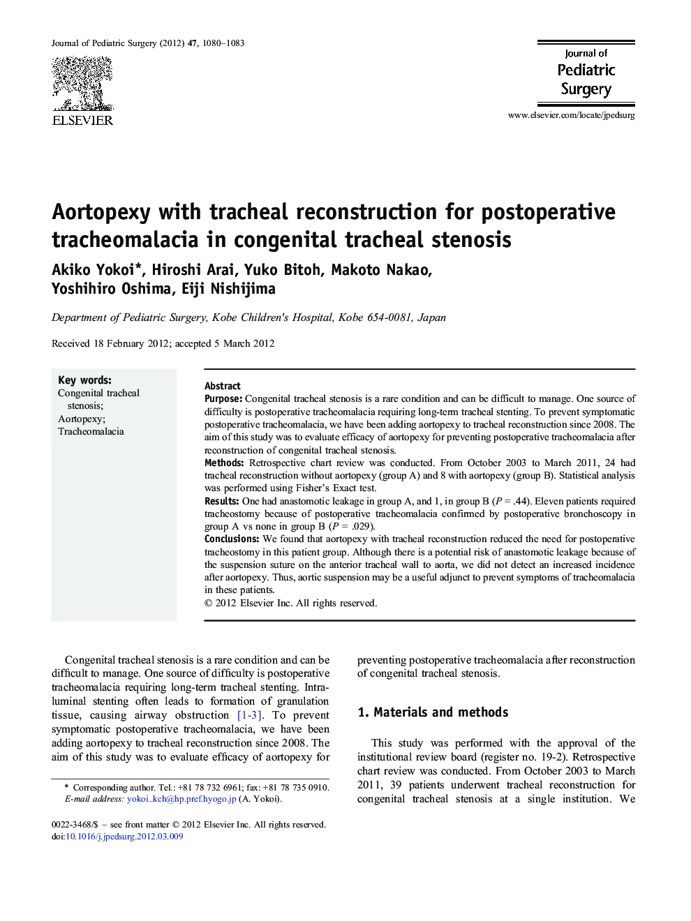 Aortopexy with tracheal reconstruction for postoperative tracheomalacia in congenital tracheal stenosis