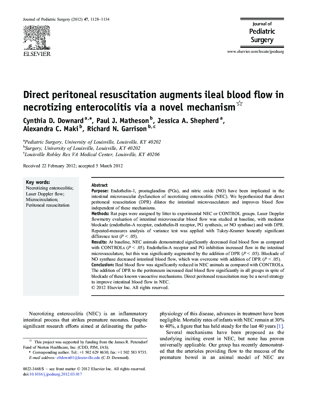 Direct peritoneal resuscitation augments ileal blood flow in necrotizing enterocolitis via a novel mechanism 