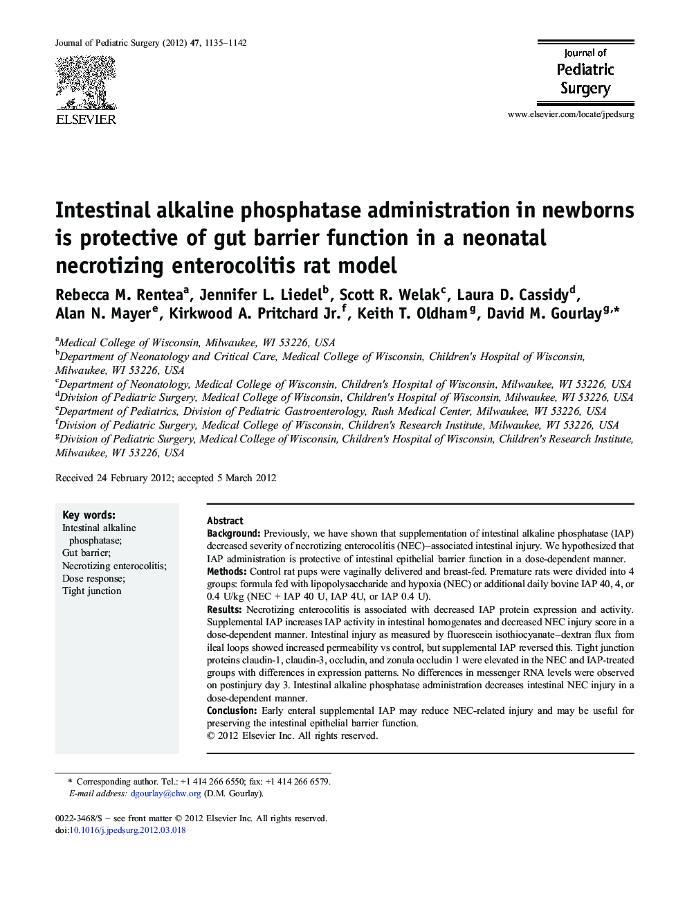 Intestinal alkaline phosphatase administration in newborns is protective of gut barrier function in a neonatal necrotizing enterocolitis rat model