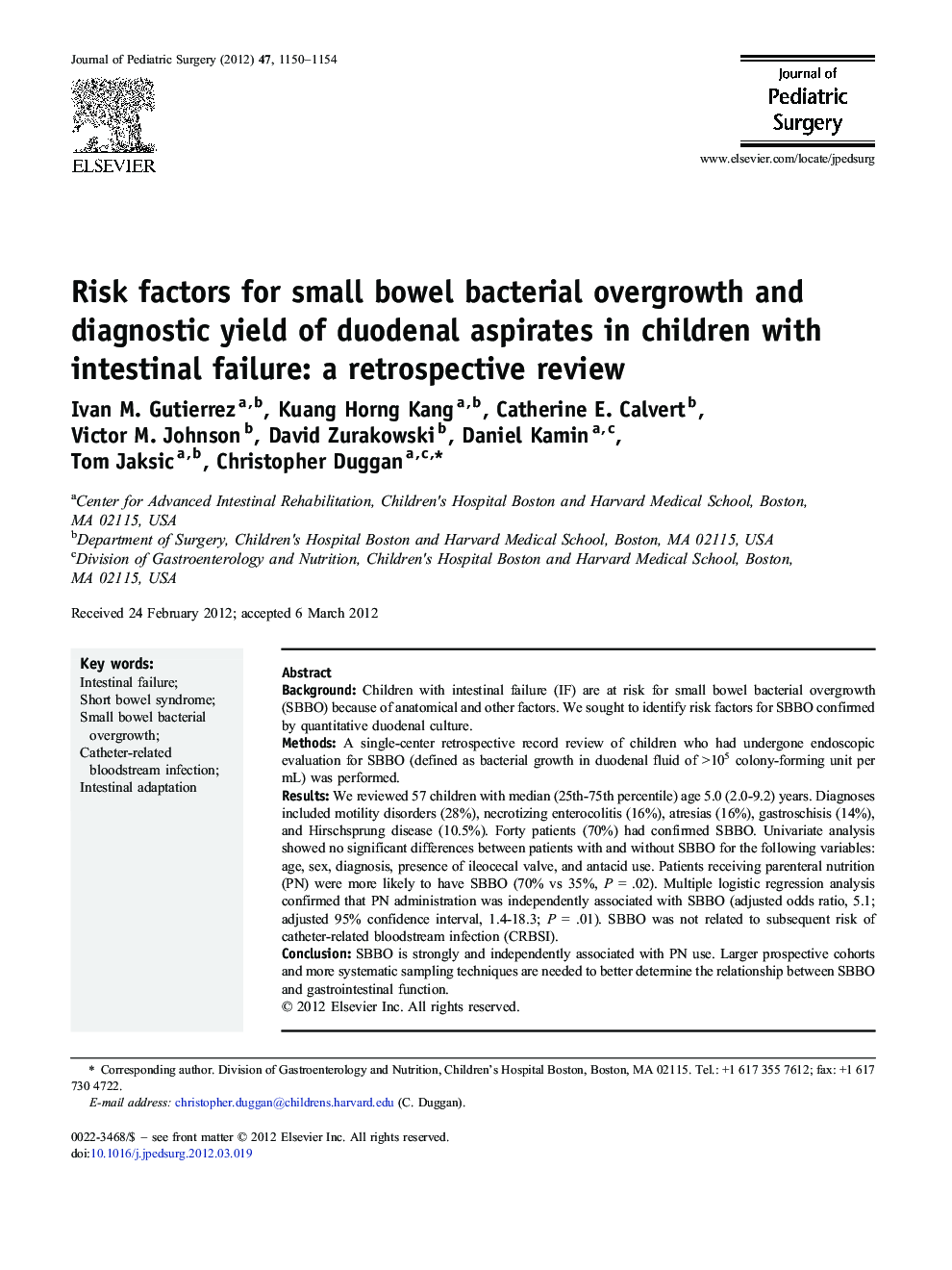 Risk factors for small bowel bacterial overgrowth and diagnostic yield of duodenal aspirates in children with intestinal failure: a retrospective review