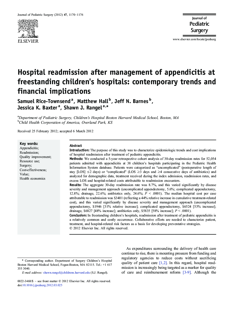 Hospital readmission after management of appendicitis at freestanding children's hospitals: contemporary trends and financial implications