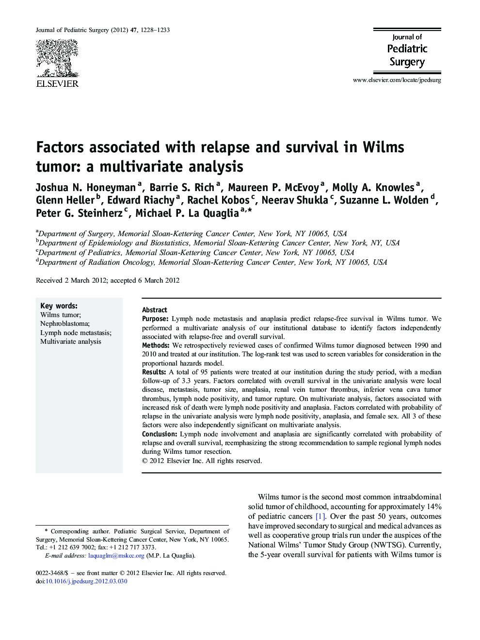 Factors associated with relapse and survival in Wilms tumor: a multivariate analysis