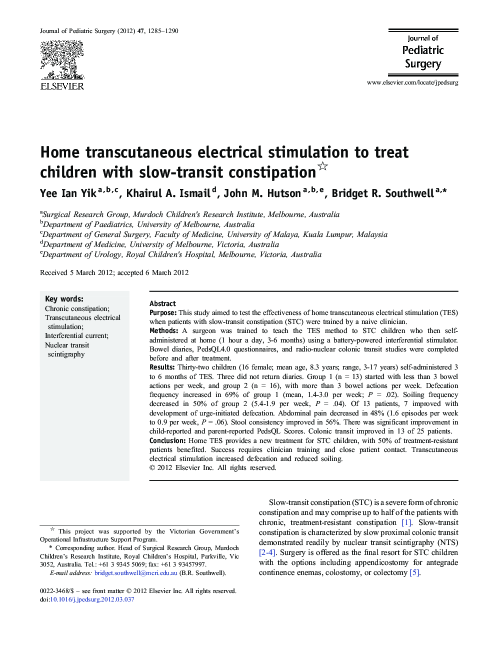 Home transcutaneous electrical stimulation to treat children with slow-transit constipation 