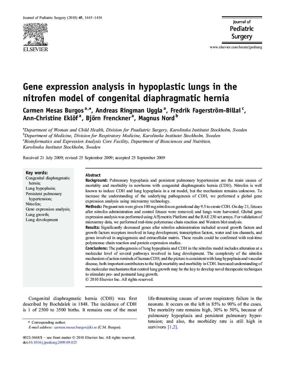 Gene expression analysis in hypoplastic lungs in the nitrofen model of congenital diaphragmatic hernia