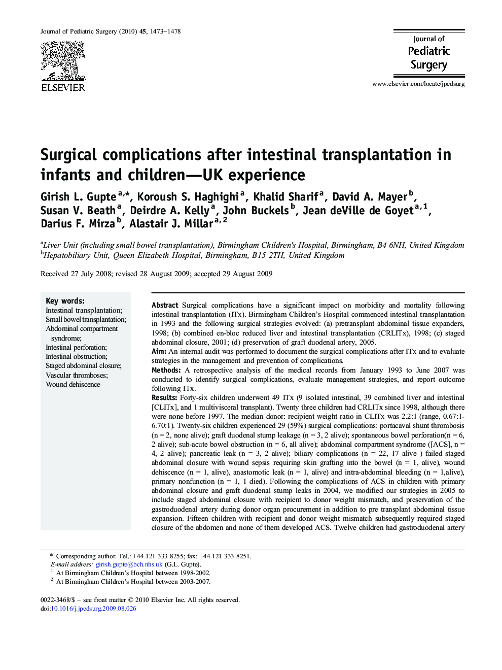 Surgical complications after intestinal transplantation in infants and children—UK experience