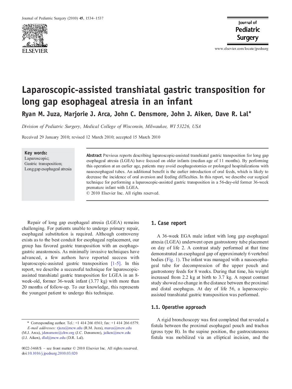 Laparoscopic-assisted transhiatal gastric transposition for long gap esophageal atresia in an infant