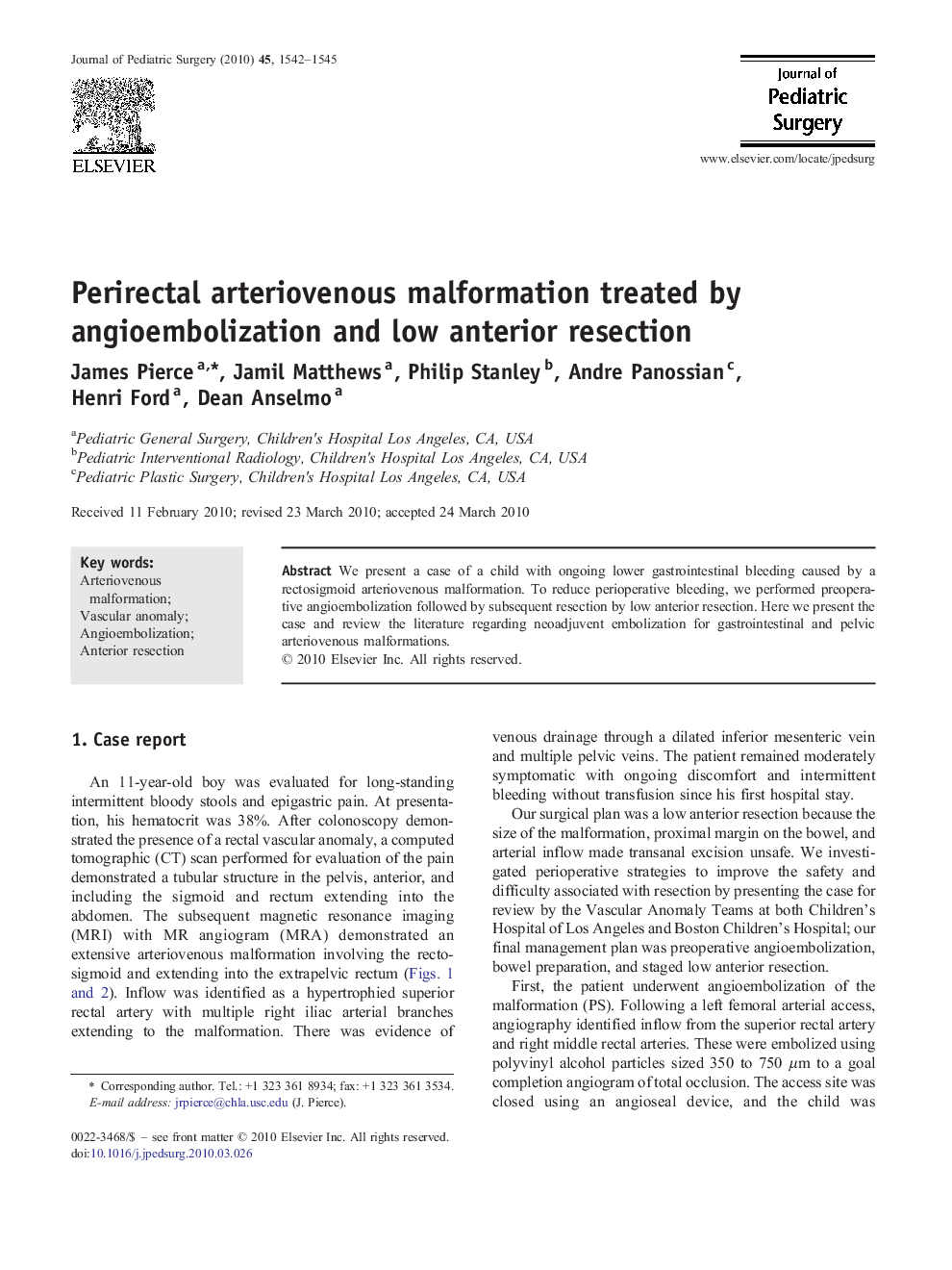 Perirectal arteriovenous malformation treated by angioembolization and low anterior resection