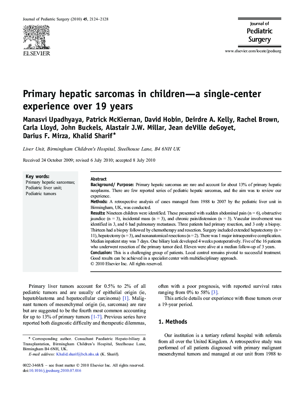 Primary hepatic sarcomas in children—a single-center experience over 19 years