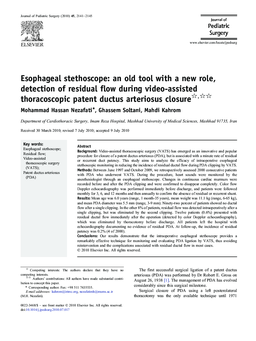 Esophageal stethoscope: an old tool with a new role, detection of residual flow during video-assisted thoracoscopic patent ductus arteriosus closure 
