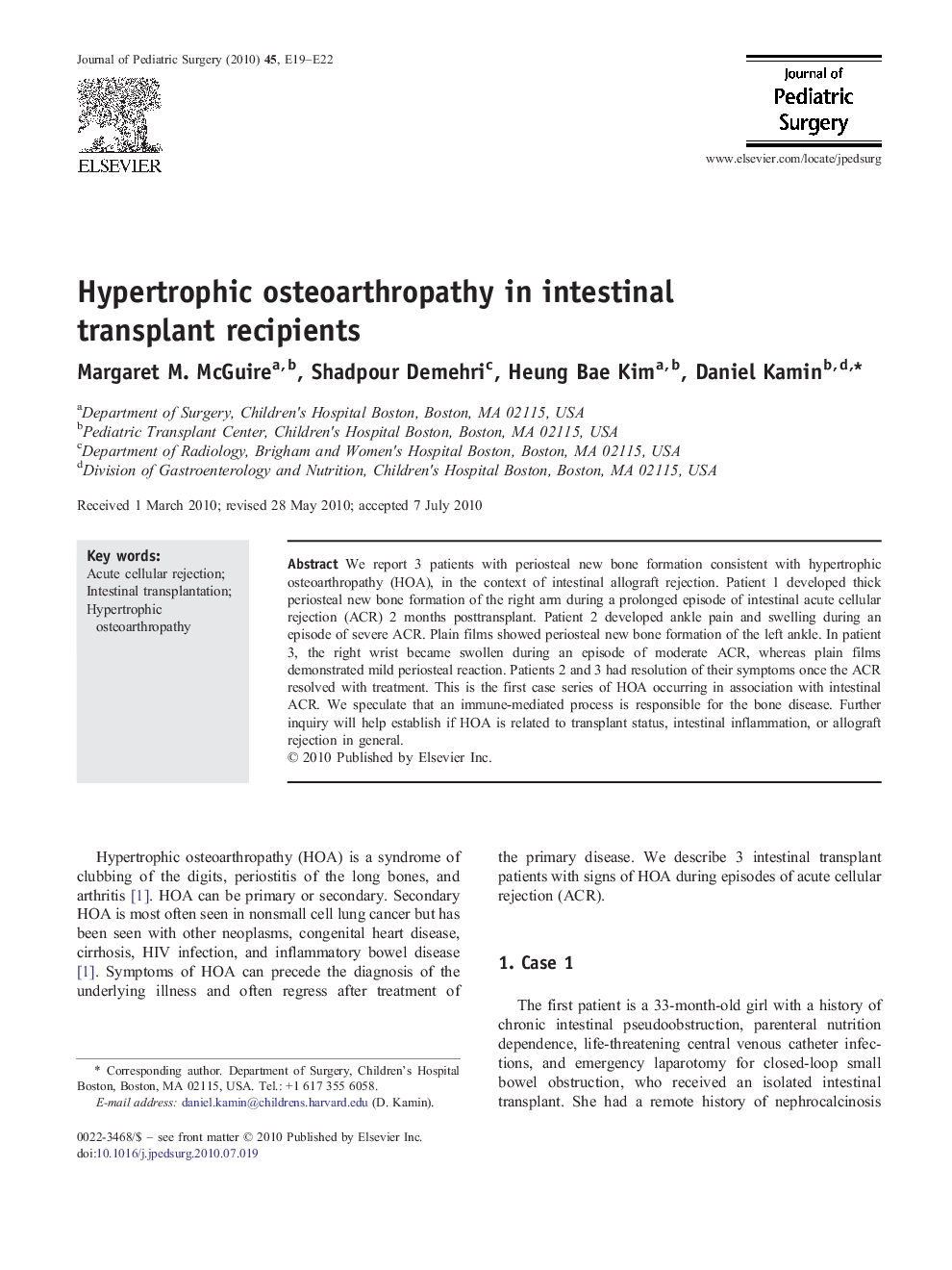 Hypertrophic osteoarthropathy in intestinal transplant recipients