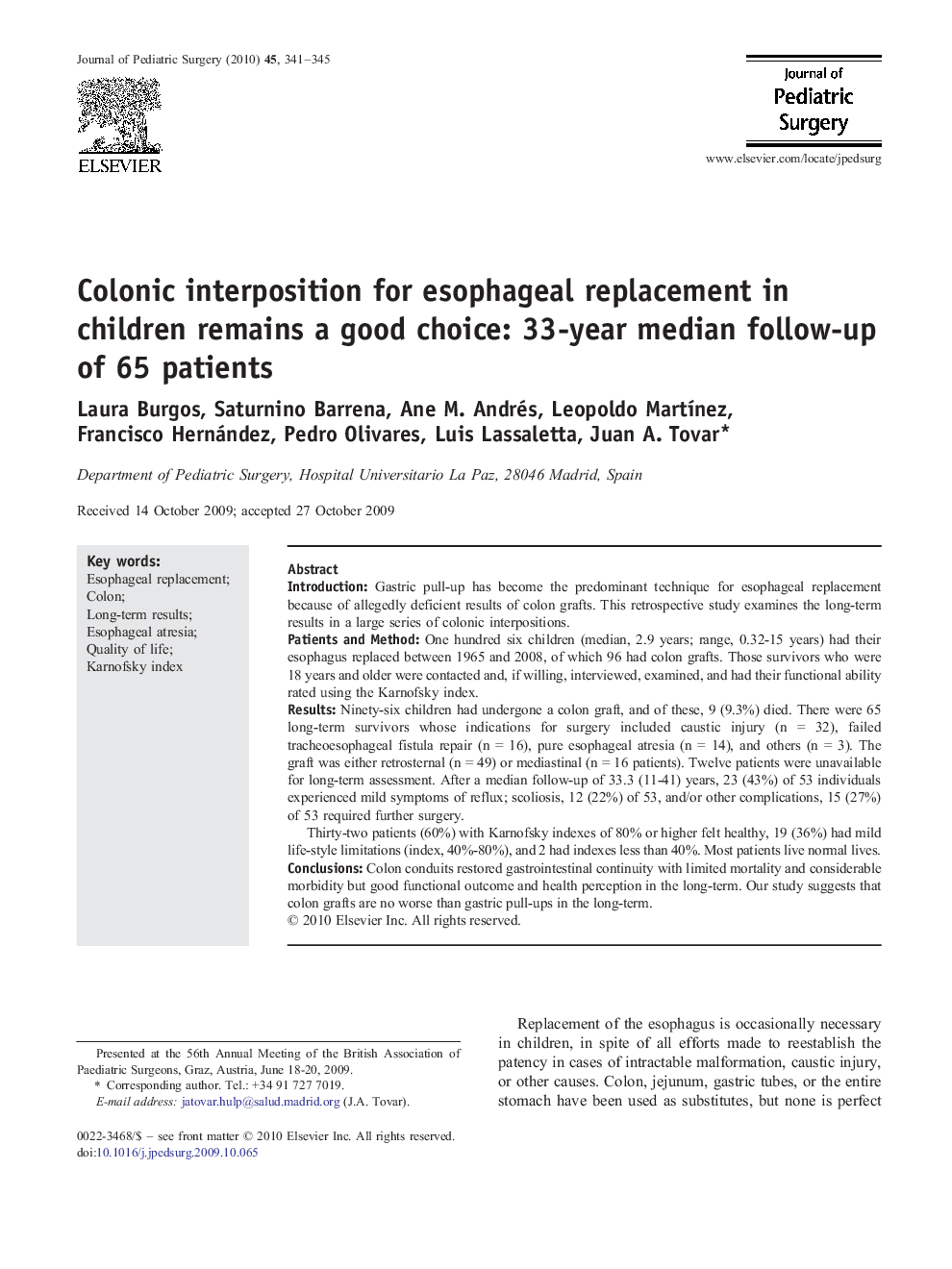 Colonic interposition for esophageal replacement in children remains a good choice: 33-year median follow-up of 65 patients 