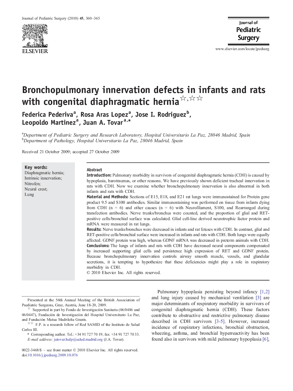 Bronchopulmonary innervation defects in infants and rats with congenital diaphragmatic hernia 