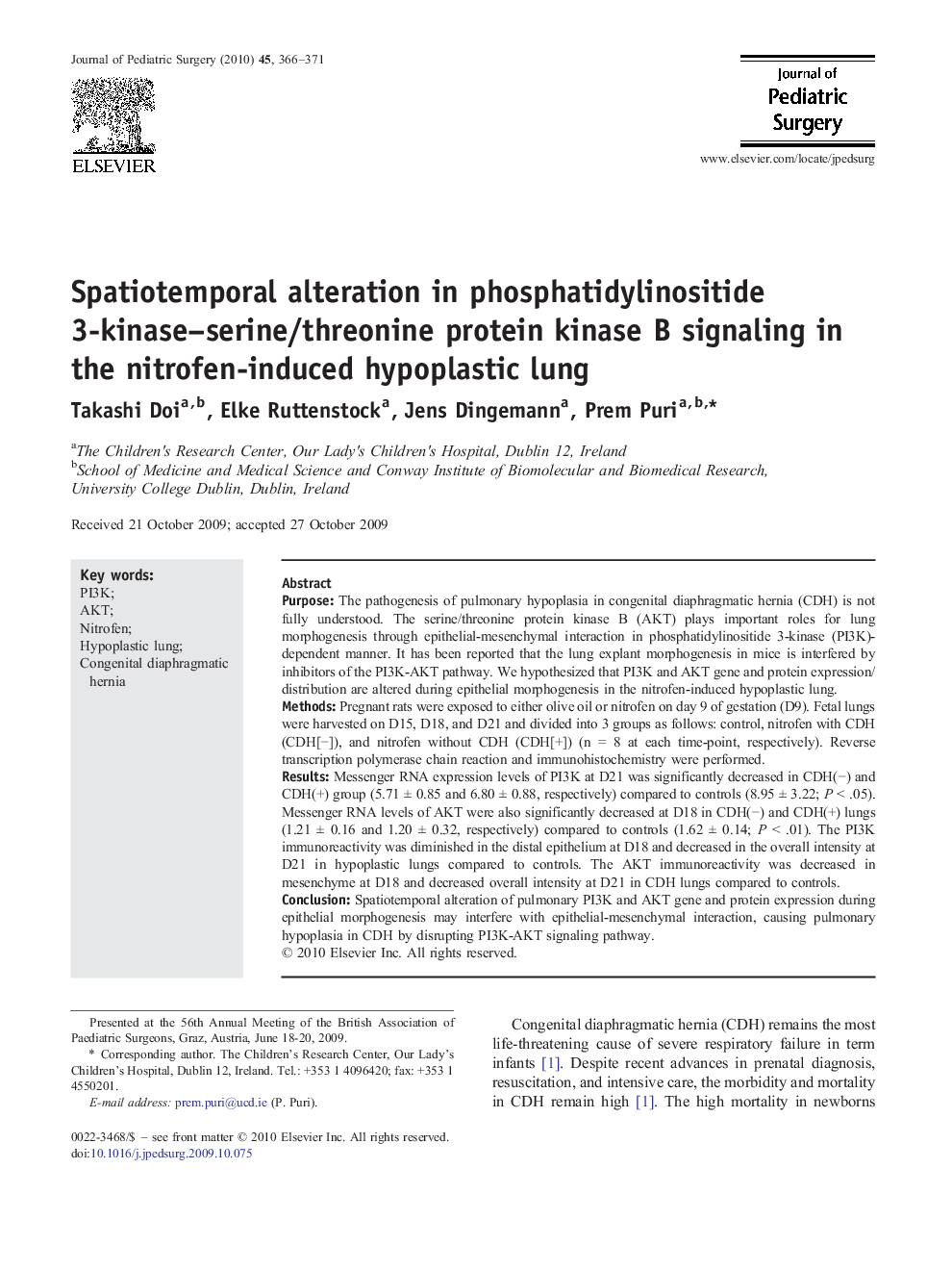 Spatiotemporal alteration in phosphatidylinositide 3-kinase–serine/threonine protein kinase B signaling in the nitrofen-induced hypoplastic lung 