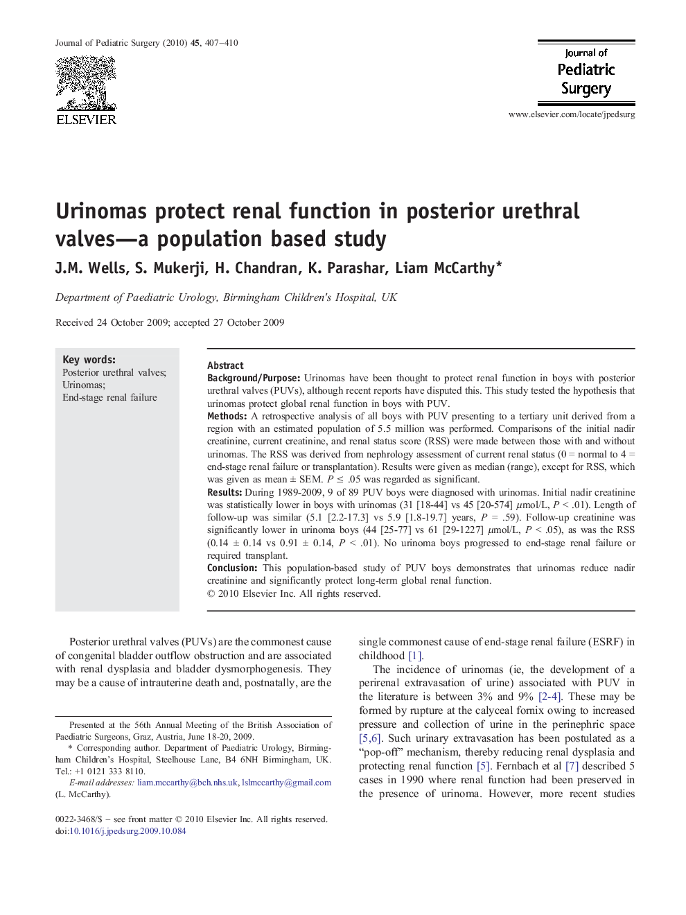 Urinomas protect renal function in posterior urethral valves—a population based study 