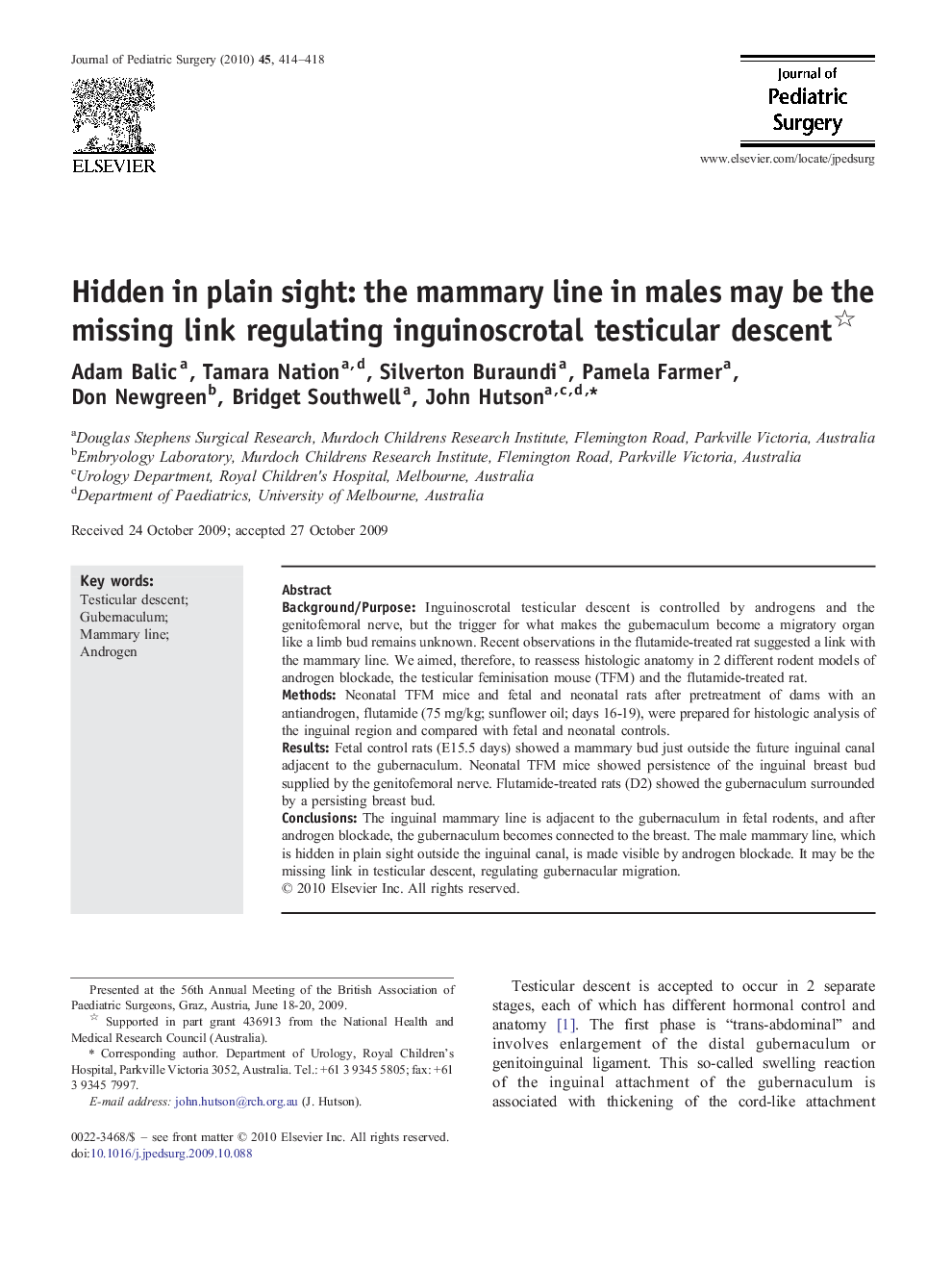 Hidden in plain sight: the mammary line in males may be the missing link regulating inguinoscrotal testicular descent 