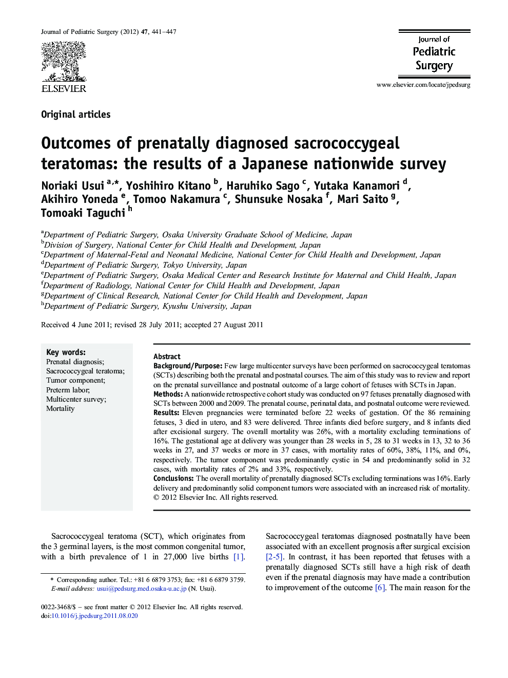 Outcomes of prenatally diagnosed sacrococcygeal teratomas: the results of a Japanese nationwide survey