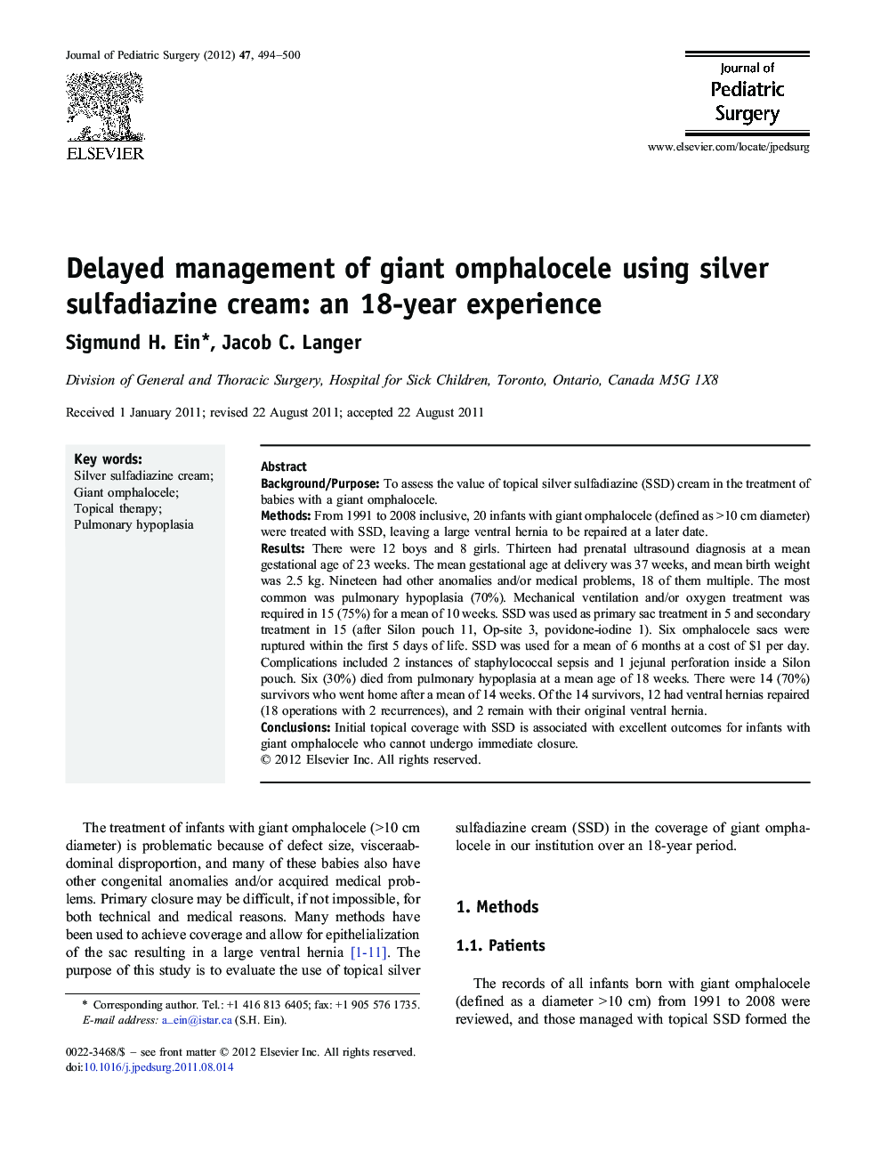 Delayed management of giant omphalocele using silver sulfadiazine cream: an 18-year experience