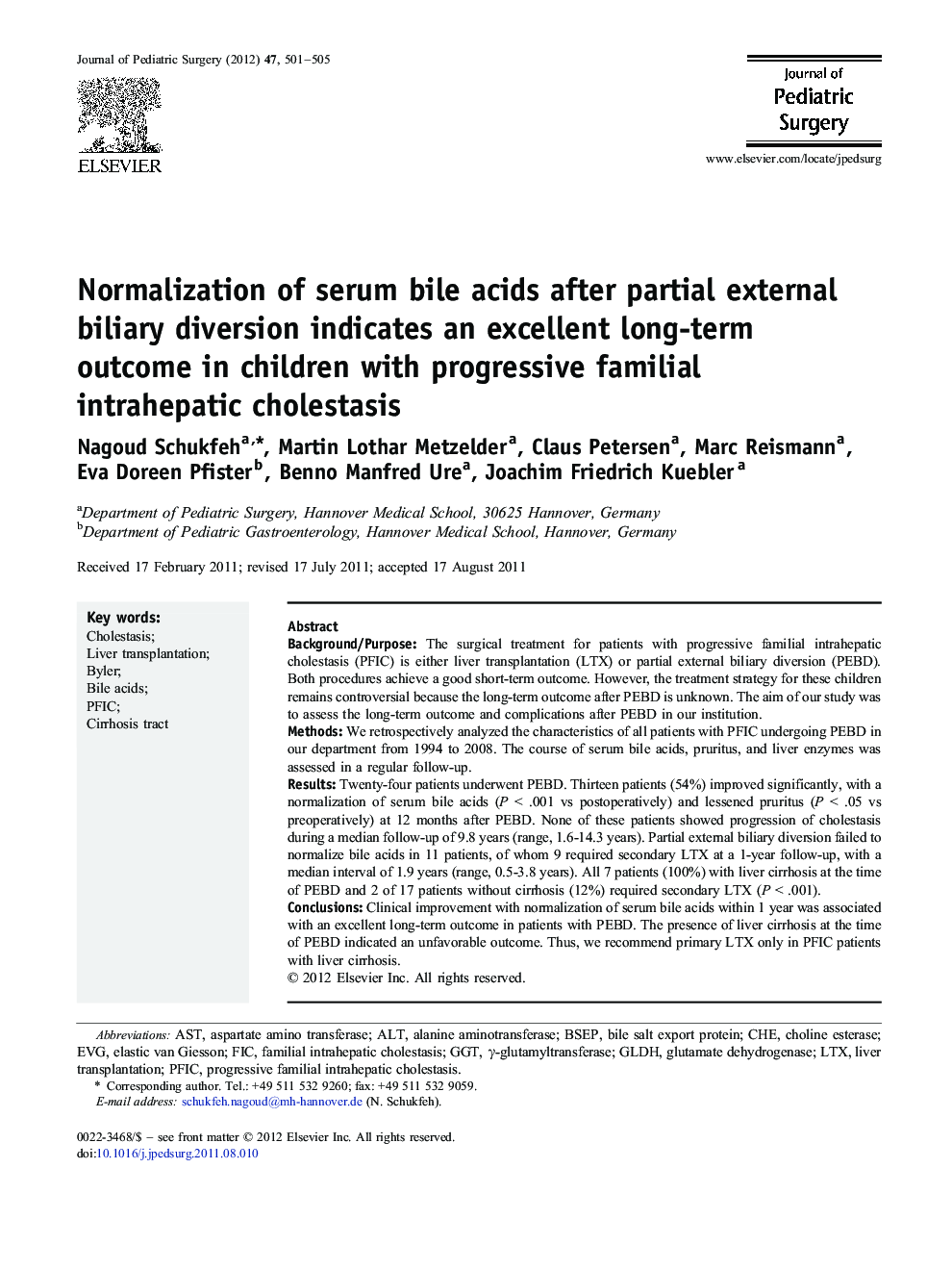 Normalization of serum bile acids after partial external biliary diversion indicates an excellent long-term outcome in children with progressive familial intrahepatic cholestasis