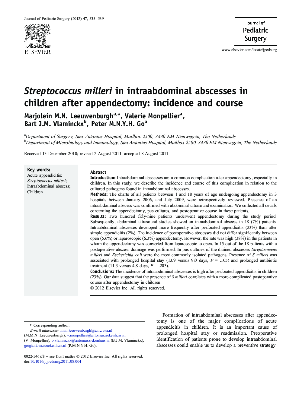 Streptococcus milleri in intraabdominal abscesses in children after appendectomy: incidence and course